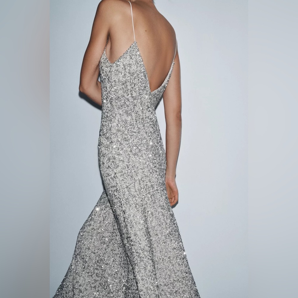 Zara long sequin silver v-neck midi dress sz.XS - Picture 4 of 13